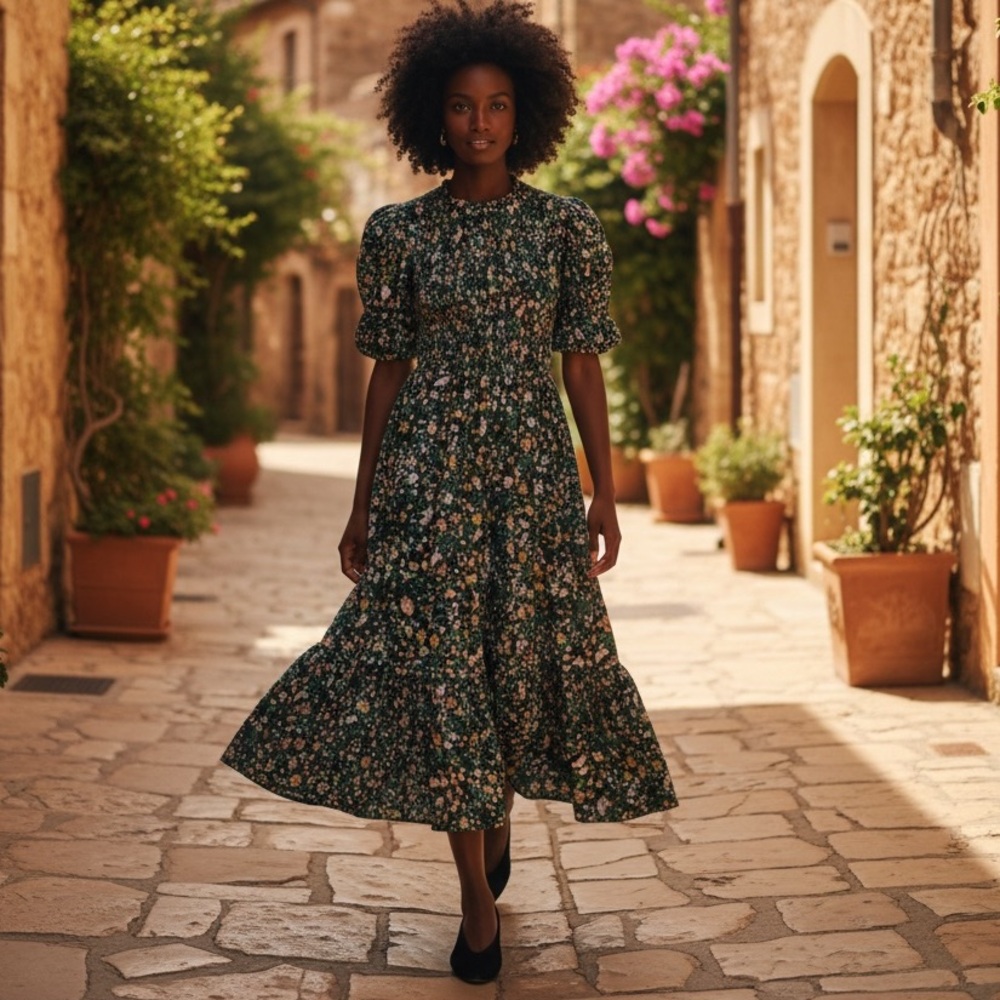 Hyacinth House | NEW Black Multi Floral Smocked Samantha Midi Dress Size XS